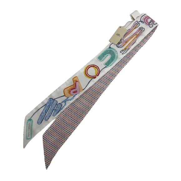 HERMES Twilly Chevaloscope Neon Scarf White Ladies - Picture 2 of 10